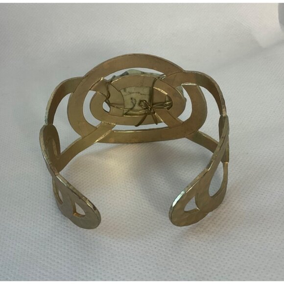 Hammered Gold-Tone Cuff Bracelet Matte Oval White Stone Boho Adjustable - Picture 5 of 11